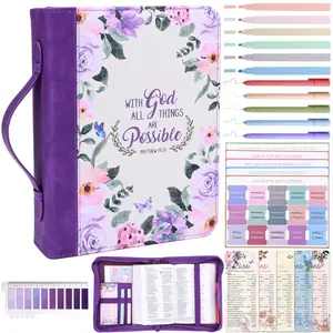 24 Pcs Bible Cover Case for Women, Journaling Kit, Portable Protective Bag Holder for Bible Study Supplies, Church Bag Christian Gifts for Women