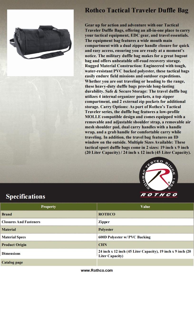 Rothco Tactical Traveler Duffle Bag 19 & 24 Inches Long x 9 & 12 Inches Tall 20 & 45 Liter Capacity Water-Resistant PVC Backed Polyester Military Equipment Bag with Dual Zipper Closure