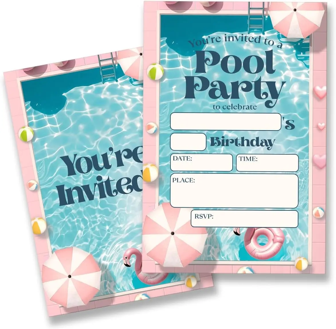 Pool Birthday Party Invitations Supplies with Envelopes Set of 20 Double Sided Fill in Blank Swimming Birthday Invitations for Girls
