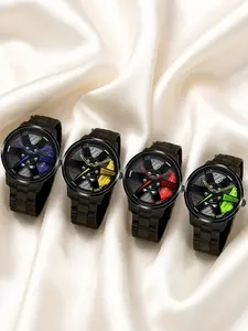 4-Piece Men's Fashion Watch Set: Modern Watches, Alloy Wheel-Inspired Design, Stainless Steel Band Quartz Watches (No Box Included)