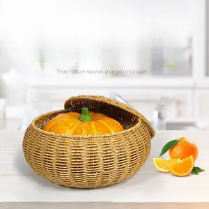 A Retro-Style Pumpkin Basket with a Lid, Designed to Resemble Rattan, Perfect for Holding Fruits, Snacks, Or Bread, And Crafted from Woven Plastic, Shelf Baskets