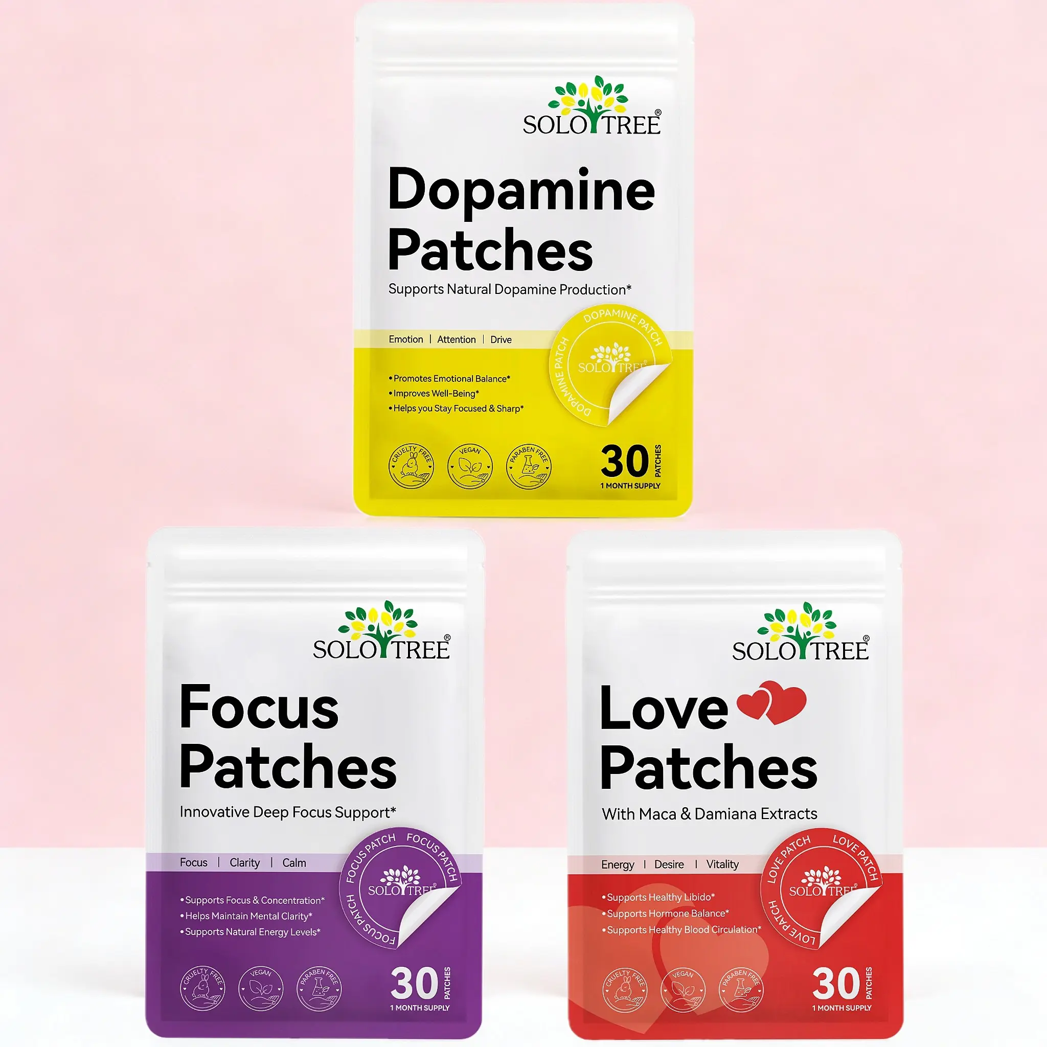 90p Solotree Love Patch + Dopamine Patch + Focus Patch, Valentine's Day Gift, Degradable Material, Perfect for Romantic Occasions