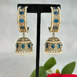 Beautiful Desi Bollywood Glam Jhumka Earrings with Gemstones and Gold-Tone Design for Stylish Wear