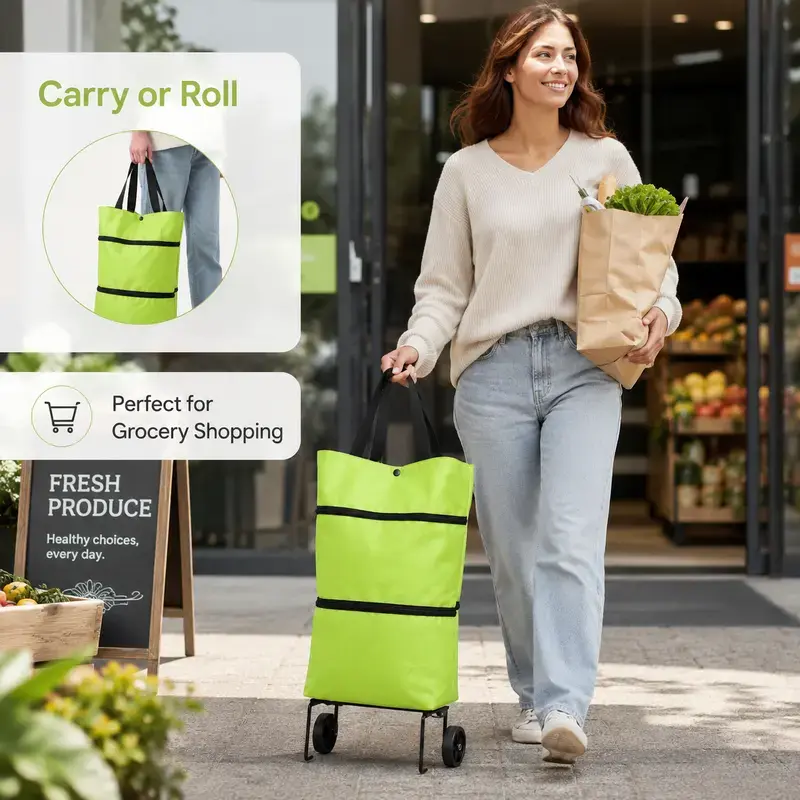 Foldable Shopping Trolley Bag with Wheels, Portable Reusable Grocery Tote, Large Capacity Waterproof Multi-Purpose Shopping & Storage Bag，Lightweight Rolling Shopping Cart Bag with Carry Handles for Supermarket, Travel, Laundry and Daily Use