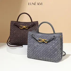LUNÉ KVI New Suede Handwoven Bag Handbag with Gold Butterfly Buckle Andiamo Tote Bag Vintage Versatile Square Shoulder Bag Chic Fashion Crossbody Bag