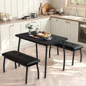 3 Piece Farmhouse Dining Table Set for 4 Compact Rustic Kitchen Table with 2 Padded Benches Space Saving Breakfast Nook Furniture Set for Small Spaces Apartments Black