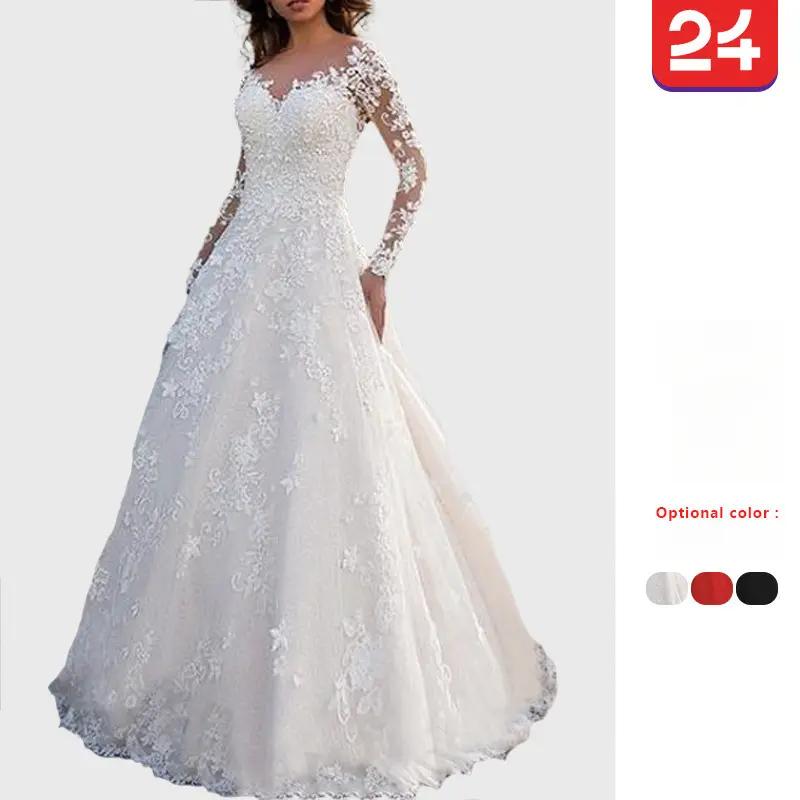 Women's Elegant Off-Shoulder V-Neck Tea-Length Long Sleeve Plus Size Formal Gown - Women's Clothes, Wedding Dress for Summer Weddings, Outdoor Events (XL)