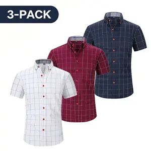 3-Pack Men's Plaid Short Sleeve Shirts Slim Fit Casual Business Style Button-Up Tops