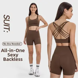 Longer Band Cross Back Sports Bra & High Waisted Butt Lifting Biker Shorts Set – No Camel Toe Yoga Workout Outfit