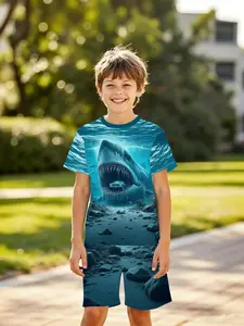 Boys' Summer Sports Set, Suits, Deep Sea Shipwreck Shark 3D Print, Casual Outdoor Leisure, Holiday Gift, Fitted Shorts, All over Print