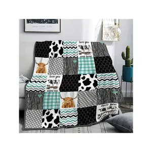 Charming Patchwork Cow Print Blanket with Highland Cows & “Love You Till the Cows Come Home” Quotes – Black, Teal, Gray Design