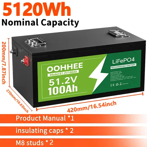 OOHHEE 48V 100Ah LiFePO4 High Capacity Battery - 51.2V 5120Wh Rechargeable Secondary Battery with BMS, Stable Safe Operation for Solar Systems, Golf Carts, RVs