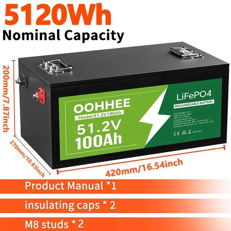OOHHEE 48V 100Ah LiFePO4 High Capacity Battery - 51.2V 5120Wh Rechargeable Secondary Battery with BMS, Stable Safe Operation for Solar Systems, Golf Carts, RVs