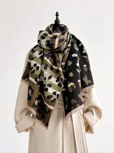 Fashion Leopard & Stripe Pattern Scarf with Fringe Decoration, Soft Woven Fabric, Unisex Fall Winter Accessory, Elegant Fitted Style