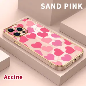 Electroplating Phone Case for iPhone 17 16 Pro Max 15 Plus 14 13 12 11 Air Hearts in Blush Patterned Classic Square Design Non Slip TPU Soft Shell Cellphone Protection Cover