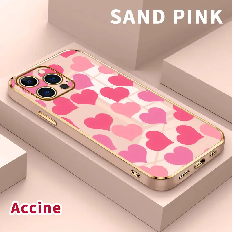 Electroplating Phone Case for iPhone 17 16 Pro Max 15 Plus 14 13 12 11 Air Hearts in Blush Patterned Classic Square Design Non Slip TPU Soft Shell Cellphone Protection Cover