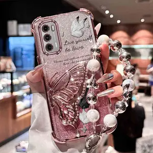 Fashion Strap Lanyard MotoG60 5G Shockproof PC Phone Holder Case Compatible With for Motorola Moto G60 5G Elegant Butterfly Glitter Case Cover for Lady