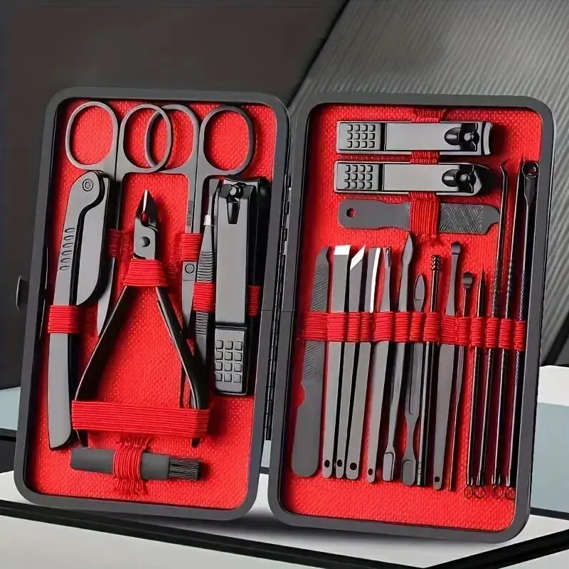 24-Piece Nail Kit, Ear Cleaning Spoon, Angled Nail Clippers, Nose Hair Trimmer, Tweezers, Manicure Set, Complete Beauty Tools, Nail Care, Nail Grooming Kit