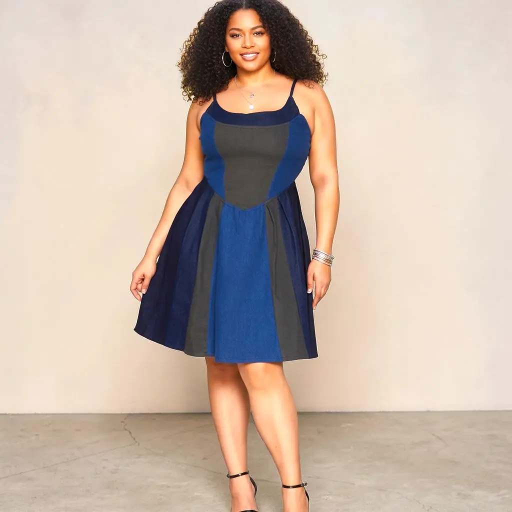 Plus Size Denim Skater Dress - Casual, Sleeveless, Chic, Adjustable Fit, Cotton Colorblock Fabric (2% Spandex, 24% Polyester), Machine Washable, Breezy and Casual Vibe, Durable and Comfortable