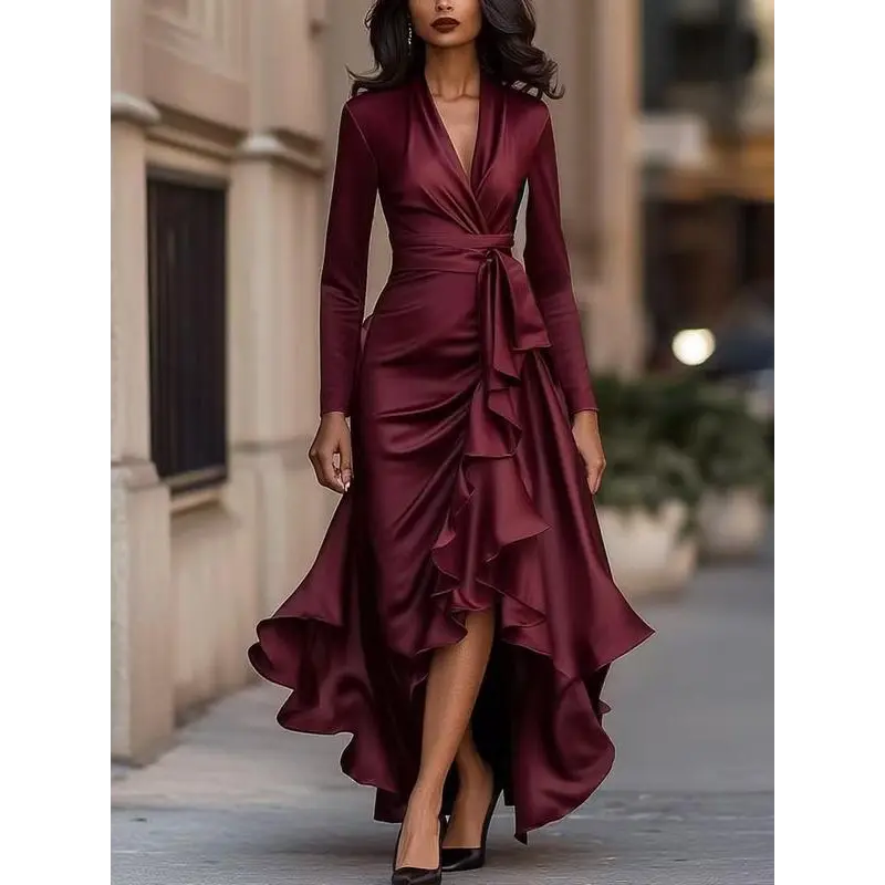 Softglow wEAR 2025 Women's V-neck Solid Color Waist-cinching Ruffle Elegant  Dress Made Of Polyester