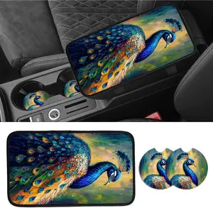 3 pieces of car interior universal/set, peacock print car center console cover, car universal armrest cover with 2 car coasters, car armrest cover, vehicle armrest cover, suitable for Halloween, Christmas gifts