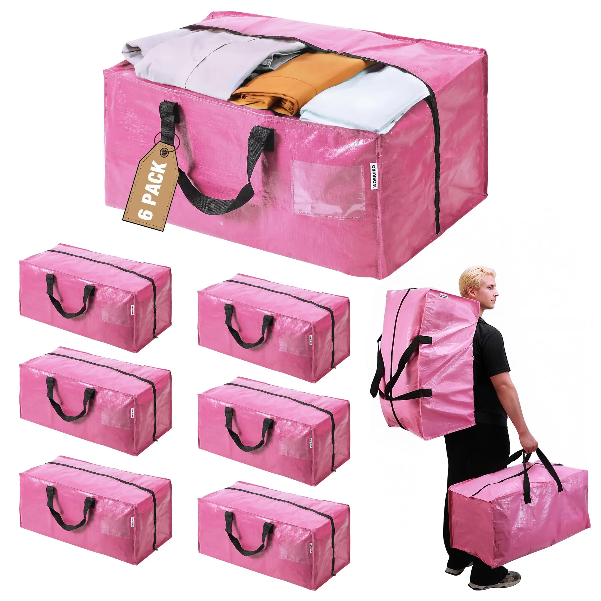 6 Pack Extra Large Moving Bags with Zippers & Carrying Handles Backpack Straps, Heavy-Duty Storage Tote for Space Saving Moving Storage
