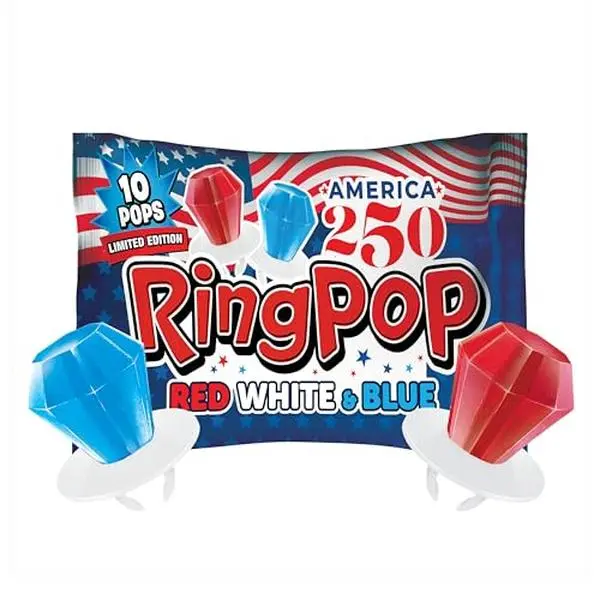 Ring Pop Red White & Blue Lollipops – Bulk Candy Individually Wrapped Wearable Hard Candy Rings – Cherry & Blue Raspberry Flavored Lollipop, Hard Sweets for Party Favors, Kids & Goodie Bags – 10 Count