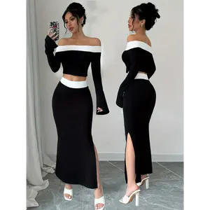 Machine Washable Polyester Blend Elegant Off-Shoulder Crop Top & Side-Slit Mermaid Skirt Set