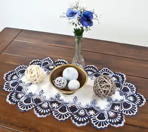 Linens Art And Things - Antique European Navy Blue White Peacock Tail Lace Runner (14" x 27" | 16" x 35"/44"/54")