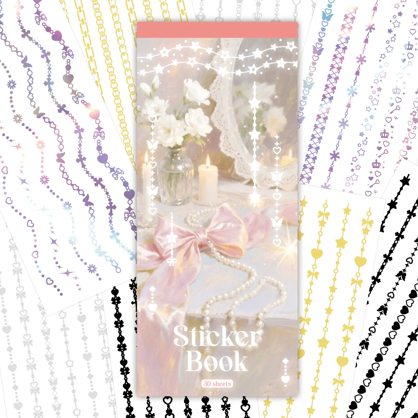 2 Styles Chain Border Sticker Book, 30 Sheets Each Glitter Star Heart Bow Lace Frame Stickers, Aesthetic Decorative Chain Stickers for Journal, Scrapbook & Guka DIY Crafts