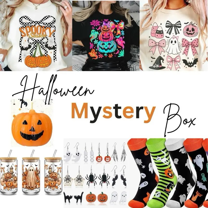 Halloween Mystery Box: T-Shirt, Libby Cup, candle, socks, earrings graphic tees