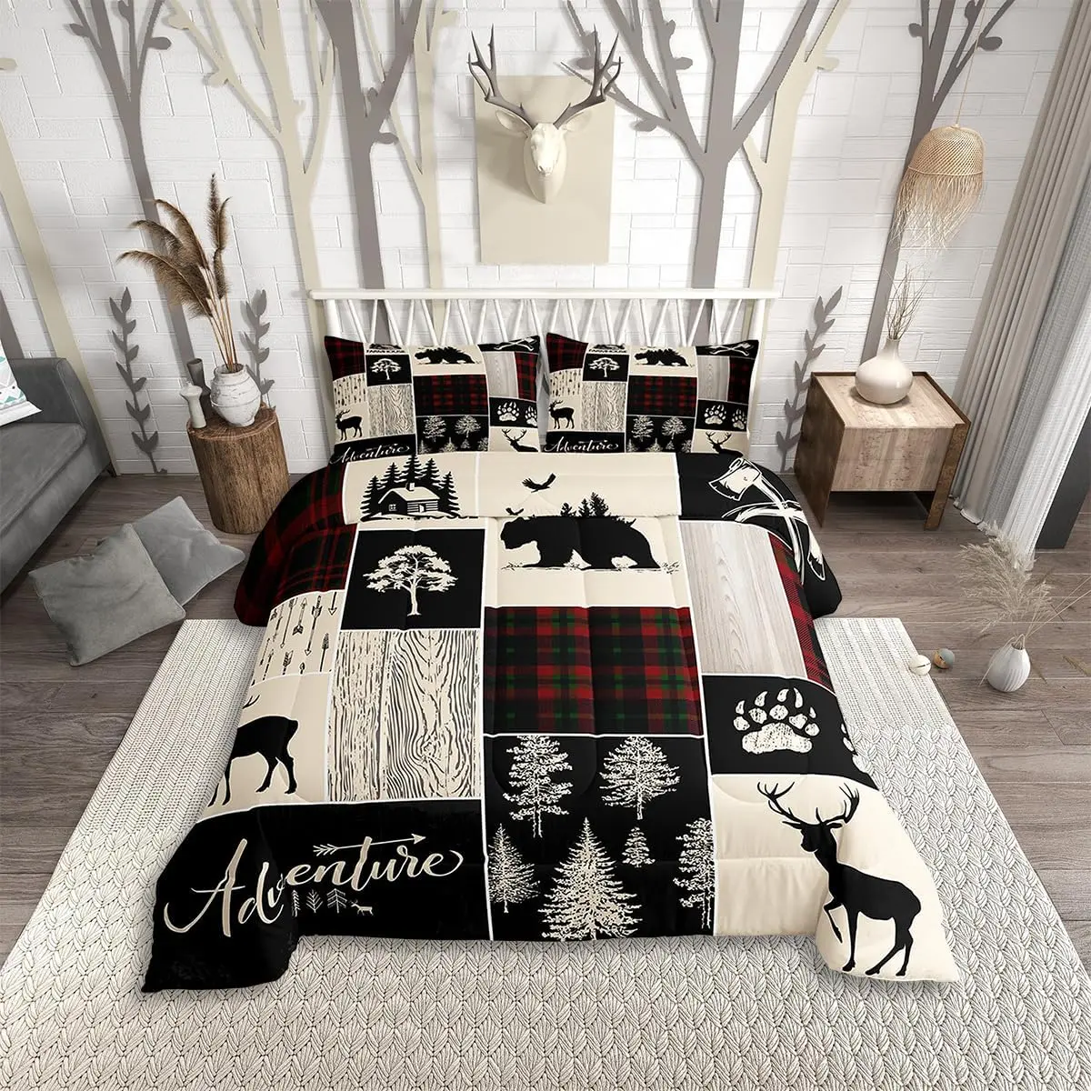 Feelyou Breathable Retro Christmas Cabin Patchwork Quilt Bedspread Set - Rustic Lodge Hunting Bear Deer Wildlife Design for Adult Men, Queen Size, RV/Home Use, Travel-Friendly All-Seasons, Machine Washable, Patchwork Quilt Sets