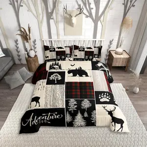 Feelyou Christmas Retro Cabin Decorative Bedding Set - Rustic Lodge Patchwork Comforter Set, Hunting Bear Deer Wildlife Quilt for Adult Men