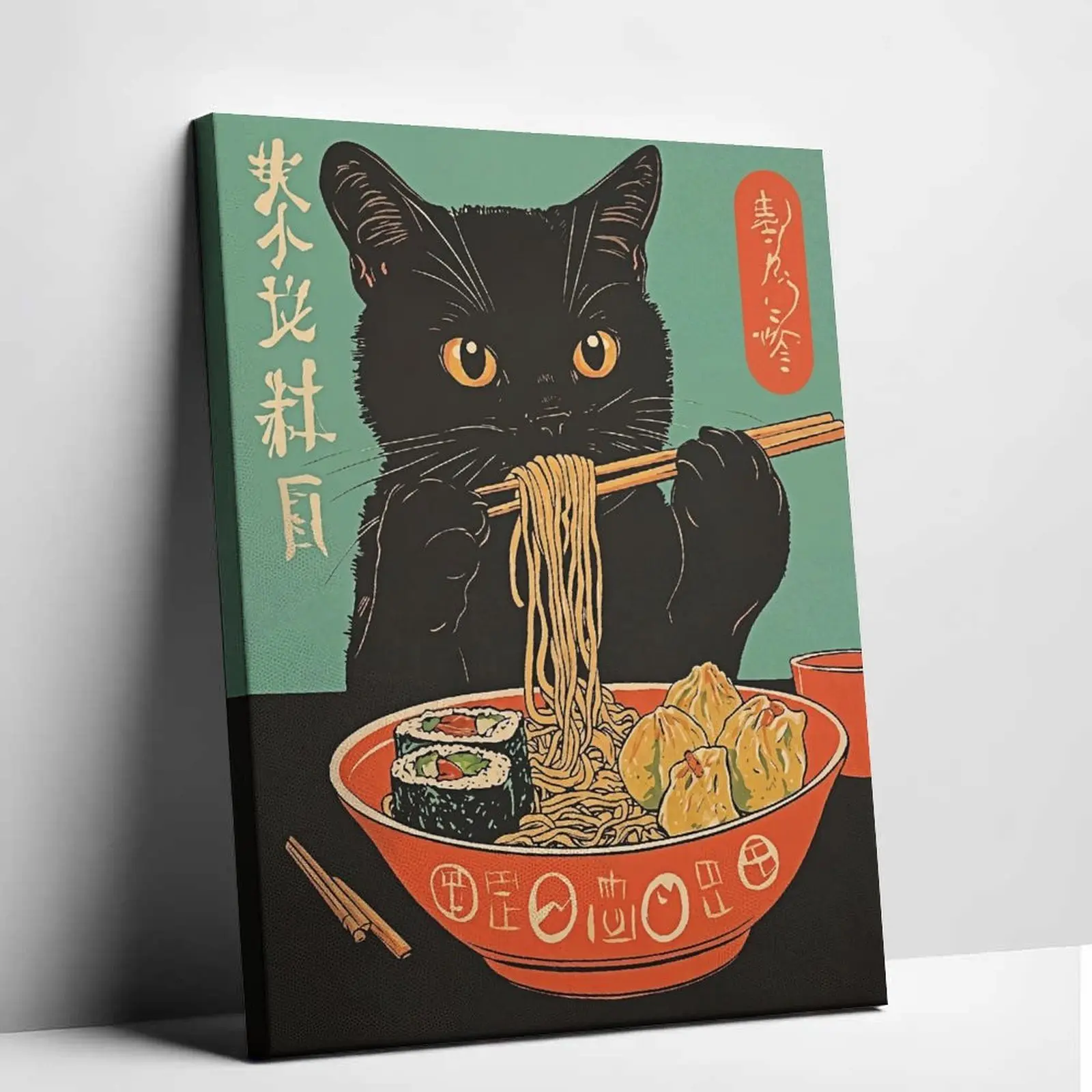 Kawaii Anime Kitten Ramen Noodle Bowl Canvas Poster - Artistic Cartoon Style Print, 2D Japanese Graphic, Anime Charm Home Decor, Funny Decor for Bedroom Dorm Wall Hanging Supplies