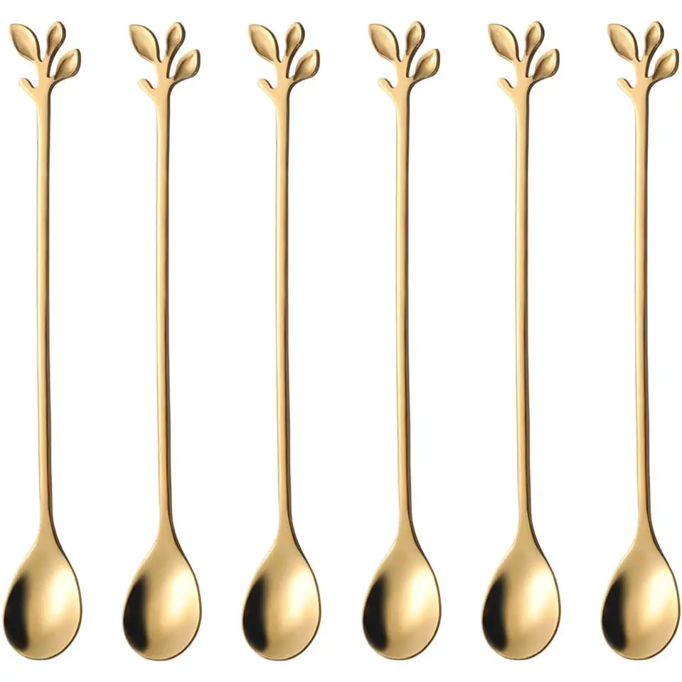 Ansaw Leaf Handle Small Coffee Spoons,6.5" Gold Tea Spoons,Stainless Steel Demitasse Espresso Spoons,Mini Dessert Spoons,Set of 6 AnSaw