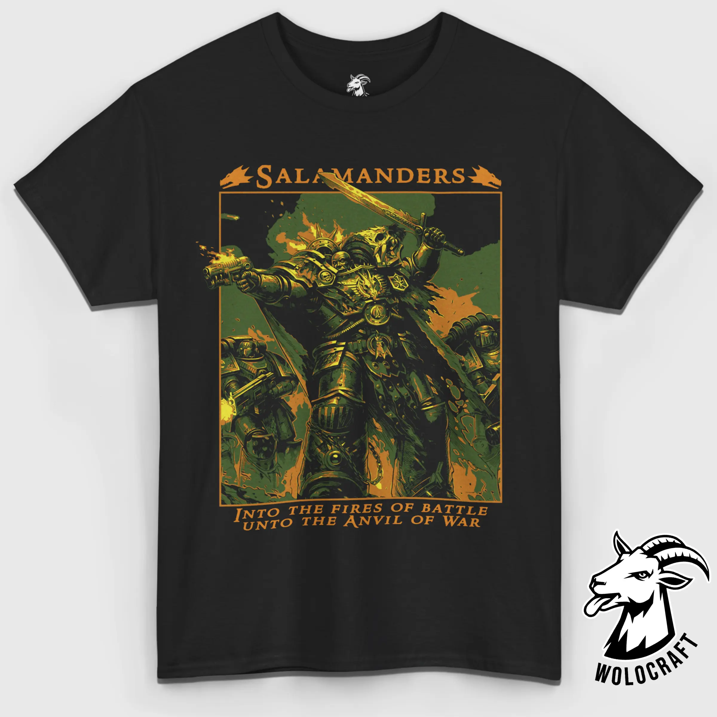 Warhammer 40K Salamanders T-Shirt – Vulkan Primarch Graphic Tee, Space Marine Chapter Shirt, Unisex Cotton Top for Sci-Fi Gamers & Collectors, Grimdark Fan Apparel