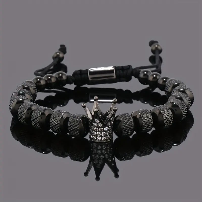 Men's Stainless Steel Crown Bracelets with Zircon & Steel Beads - Free Brass Synthetic Pendant Included - Vintage Polished Luxury Sports & Outdoor Metal Wristband, Golden/Silver Men's Jewelry Gift for Birthday, Daily Wear, Includes Pendant