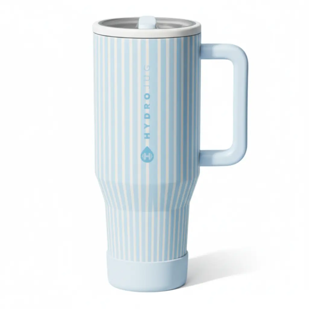 HydroJug Traveler 40oz Insulated Stainless Steel Tumbler with Handle & Flip Straw, Leakproof Vacuum Insulated Travel Mug, Cup Holder Friendly Reusable Water Bottle, BPA Free Lid, Keeps Drinks Cold for Hours, Sweat Free, Blue Stripe Pattern
