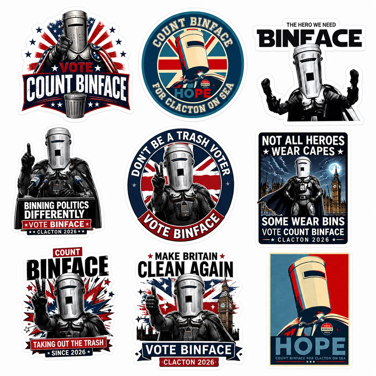 Count Binface Sticker Set, Funny UK Politics Decals, Vote Binface 2026 Clacton, British Satire Meme Pack, Protest Laptop Vinyl Stickers Gift