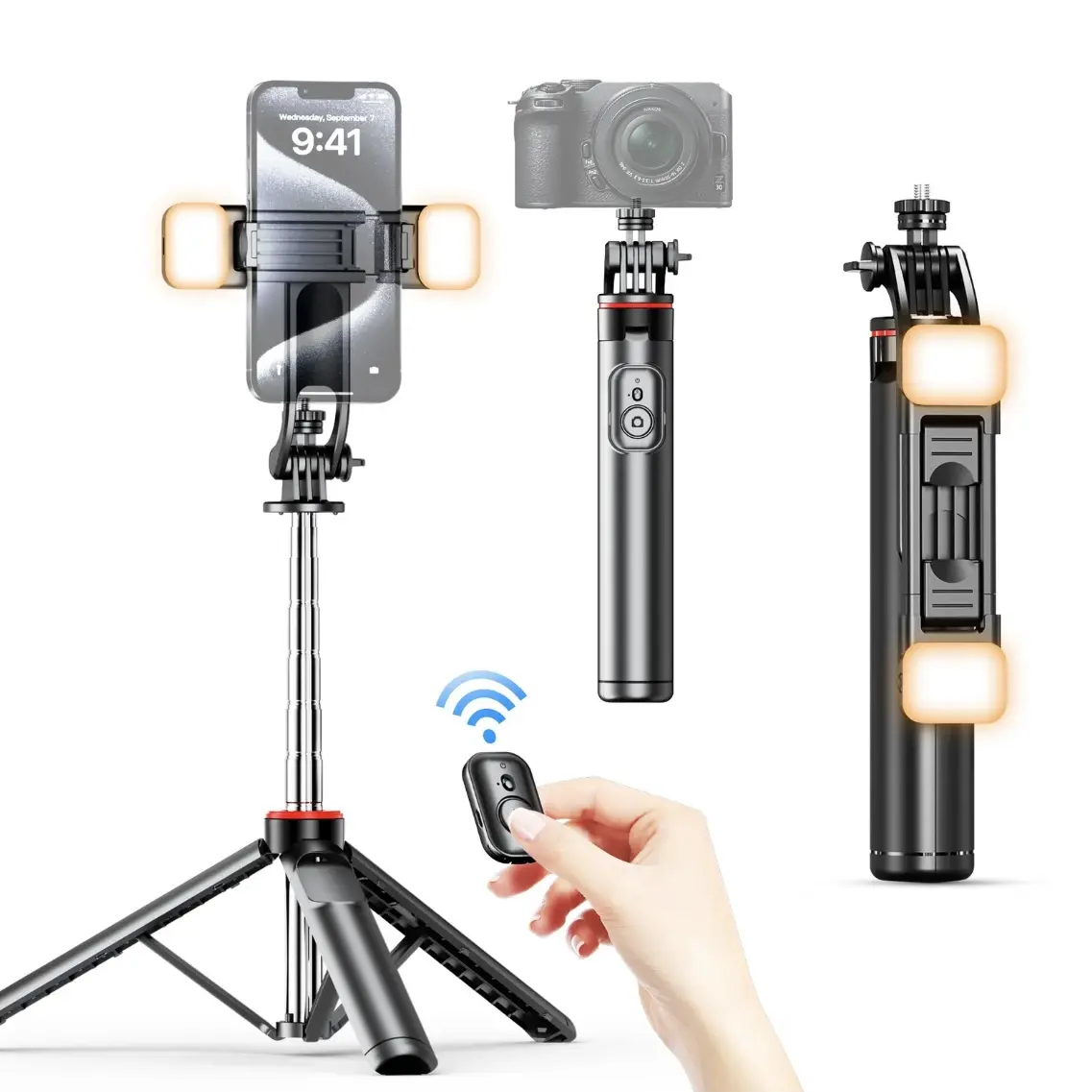 Phone Selfie Stick Tripod - 360° Rotatable, Bluetooth Remote, Stand, Optional 2 Fill Lights- Phone Accessories for Travel, Vloggers