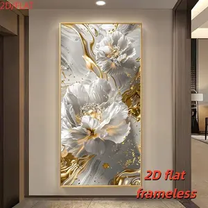1 large frameless modern abstract floral canvas art print, Floral Abstract Design - white and gold wall decorations for living rooms and bedrooms, home accents, gold embellished artworks, wall decorations, 2D flat printing frameless