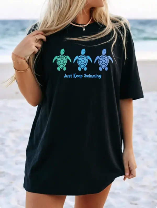 Coastal laid back vacation ombre three sea turtles quote t-shirt beach trip pool cover up outdoor photo shoot summer breathable pure cotton oversized women short sleeve tee