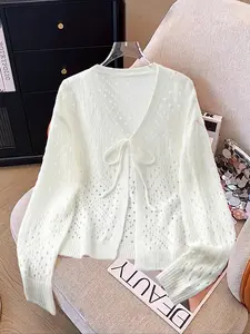 Women's Spring Summer Casual Solid Color Long Sleeve Split Hollow Out Knit Front Tie Open Vest, Stylish and Comfortable Design