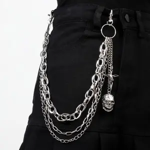 Men'S Heavy Duty Multi-Layered Pants Chain Belt - Edgy Hip Hop Punk Streetwear, Bold Statement Accessory with Skull & Chain Link Design, Gunmetal Alloy Construction, Perfect For Concerts, Parties, And Casual Outfits, Concert Accessory