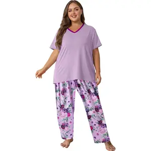 Women's Pajama Sets Short Sleeve with Long Pant Soft Sleepwear Printed pj Loungewear With TWO Pockets Size 1X to 5XGift