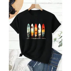 Casual Summer Style Women's T-Shirt Surfboard Sunset Palm Tree Design Beach Vacation Outfit Perfect For Summer Days And Gifts For Surfers And Beach Lovers