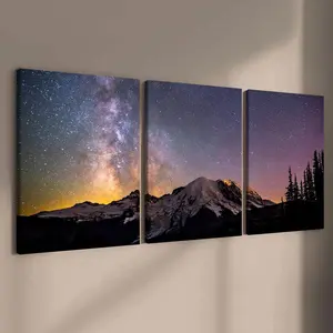 Starry Night Mountain Pattern Canvas Painting Framed, 3 Counts Modern Art Design Natural Scenery Wall Art, Wall Decor for Home Living Room Bedroom Office, Ornaments