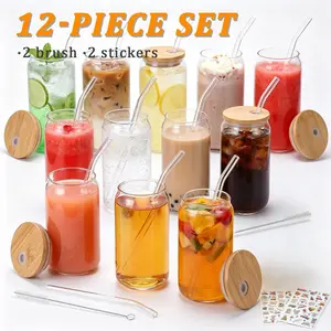 Glass Cups with Lids and Straws Set of 12 – 16oz Iced Coffee Tumblers for Christmas, Thanksgiving, and Family Gatherings – Gift-Ready Drinkware for Parties and Holiday Hosting-2 brush & 2 stickers