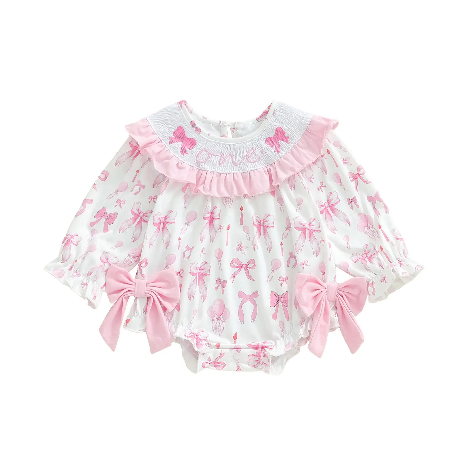 Canrulo Baby Girls First Birthday Outfit 1st Birthday Romper Coquette Bow Bubble Smocked One Embroidery Ruffle Jumpsuit
