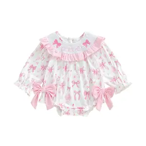 Canrulo Baby Girls First Birthday Outfit 1st Birthday Romper Coquette Bow Bubble Smocked One Embroidery Ruffle Jumpsuit